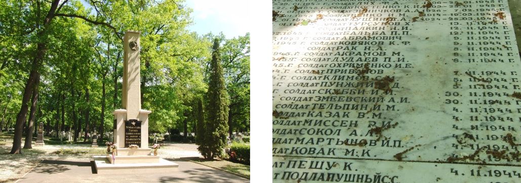 Das Heldendenkmal der sowjetischen Soldaten auf dem Gelände des Kommunalfriedhofs und die Inschriften eines Massengrabs